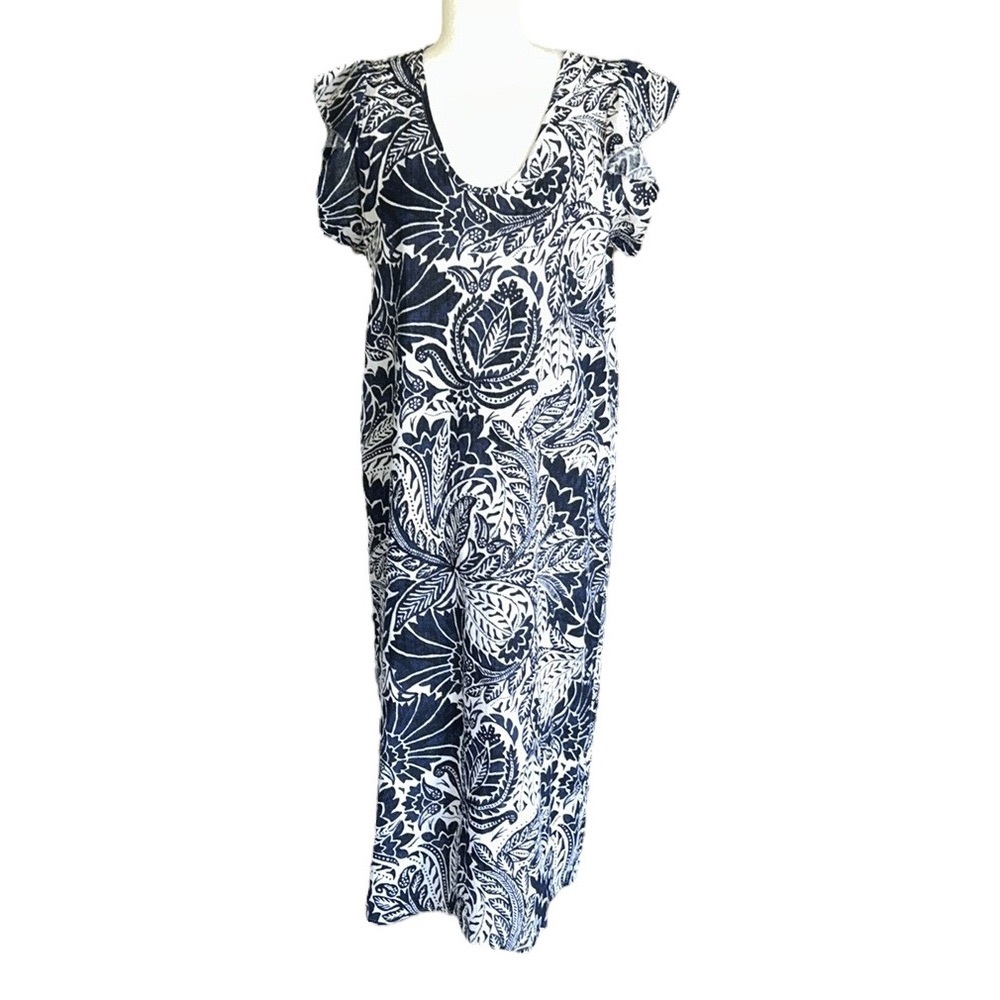 Lilla P Navy Blue & White Crinkly Flutter Sleeve Midi Dress - S